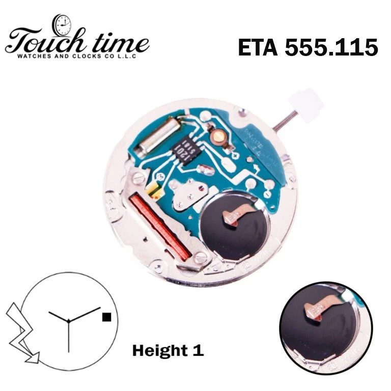 ETA 555.115 Swiss Quartz Movement-3 Hands-White Date Disk at 3-H:3.60mm-5 Jewels.
