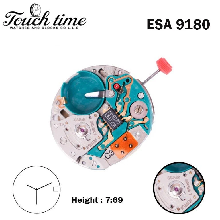 ESA 9180 Swiss Movement-White Date Disk At 3( CR 05 )-3 Hands-H:7.69mm-7 Jewels.