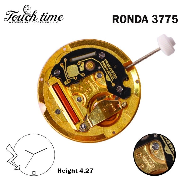 Ronda 3775 Swiss Watch Movement-3 Hands-White Date Disk at 6-1 Jewels-H:4.27mm.
