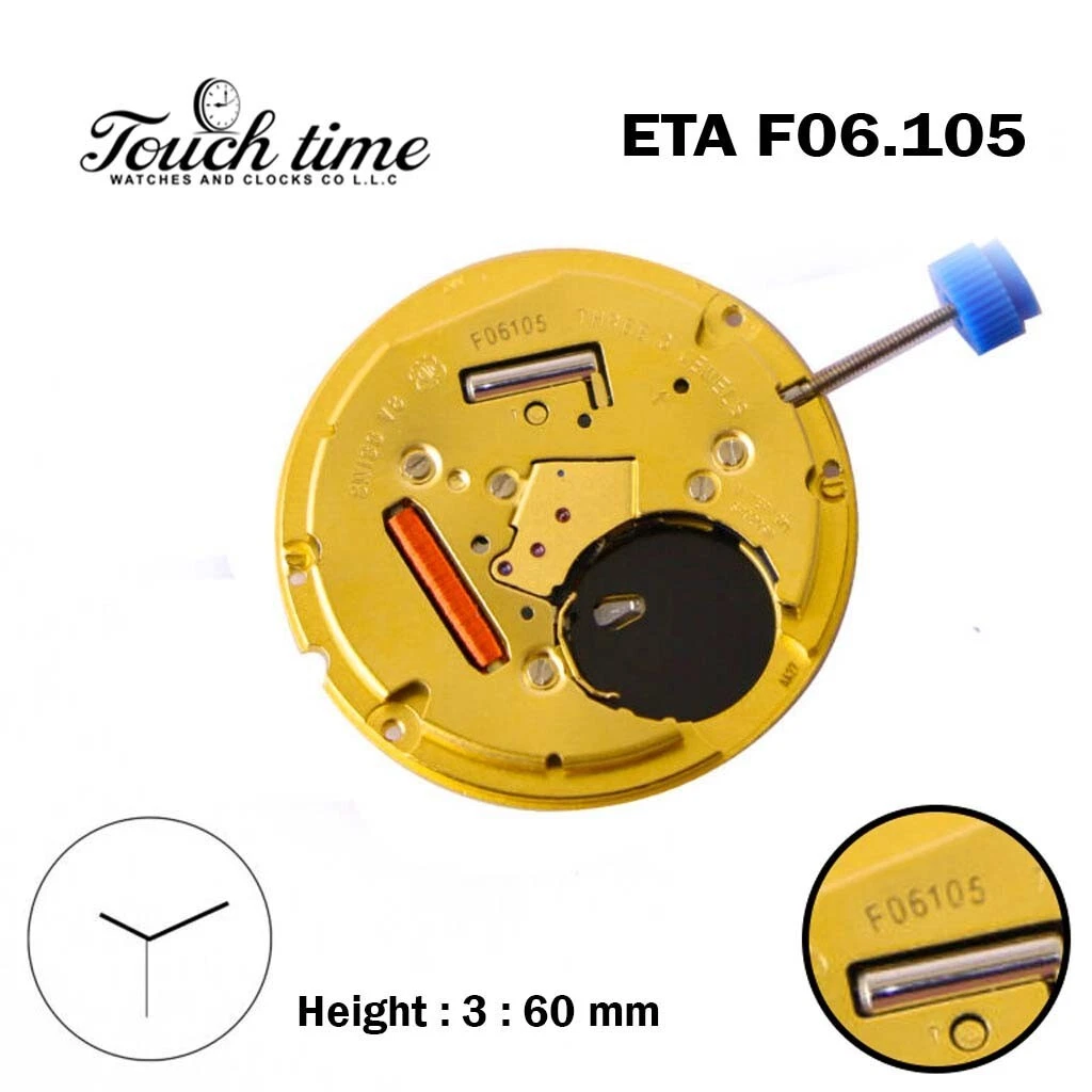 ETA F06.105 Swiss Made Quartz Movement, Without Disk , 3 Hands , Height 3.60mm.