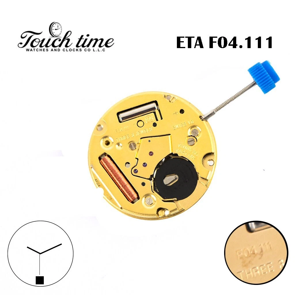 ETA F04.111 Swiss Quartz Movement, White Date Disk at 6, Height 3, 3 Jewels.