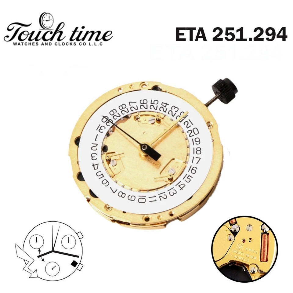 ETA 251.294 Quartz Swiss Movement -27 Jewels-White Date Disk at 4-3 Hands. thumbnail 2