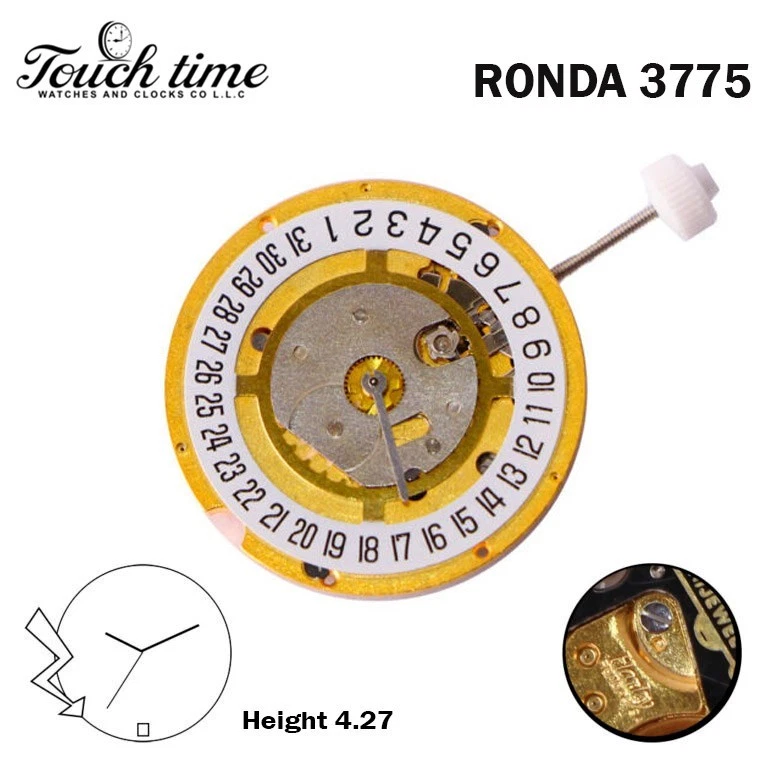 Ronda 3775 سويسري ساعة حركة - 3 عقارب - أبيض قرص التاريخ عند 6-1 Jewels - H: 4.27mm. thumbnail 2