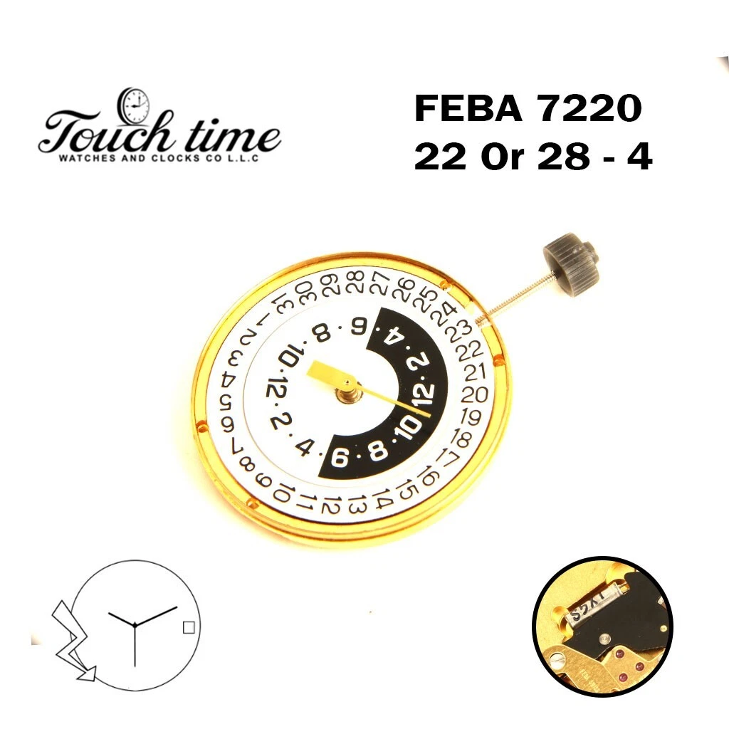 FEBA 7220 22 Or 28 – 4 Swiss Made Watch Movement, 3 Hands, White Date Disk At 3 thumbnail 2