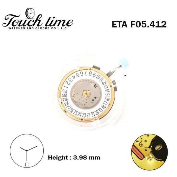 ETA F05.412 Swiss Made Watch Movement-3Hands- White Date Disk at 6-Hight 3.98mm. thumbnail 2