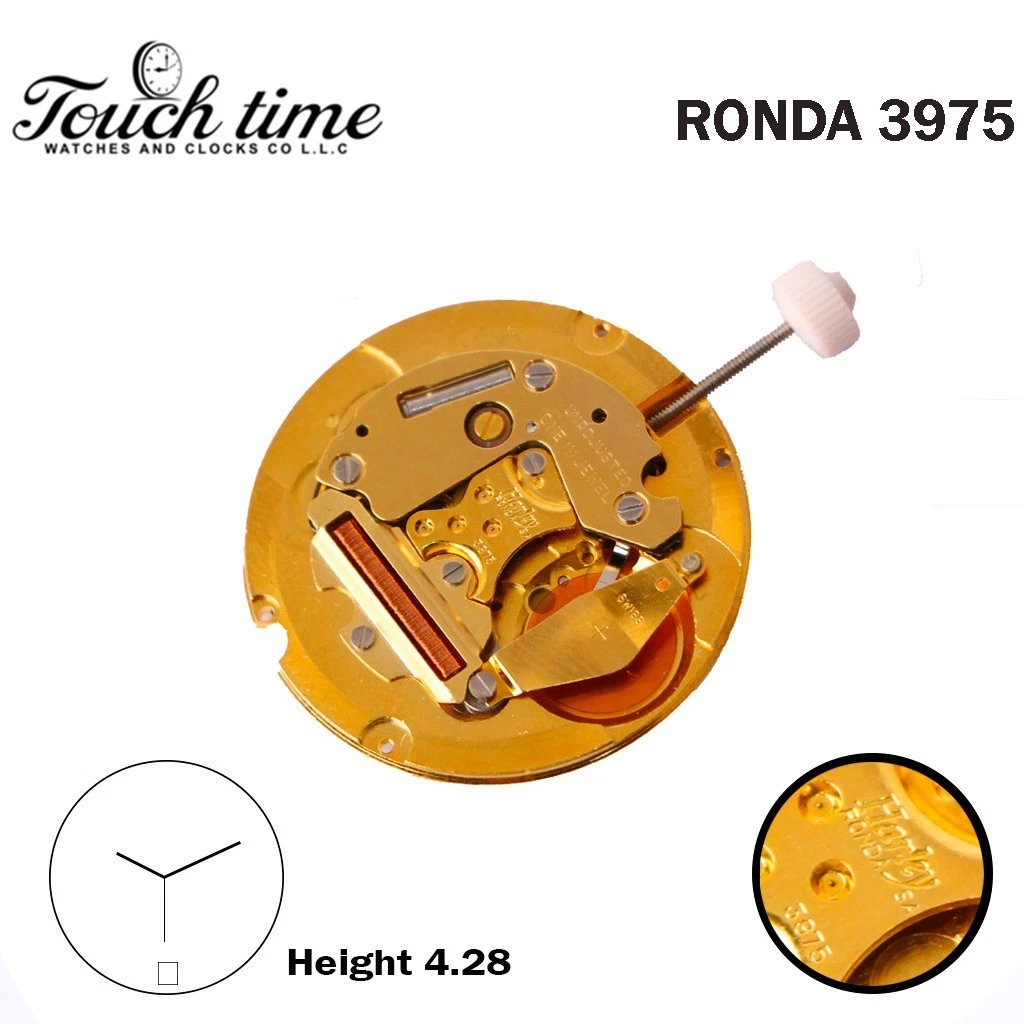 Ronda 3975 Harley Swiss Watch Movement-3 Hands-White Date Disk At 6-Plated Gold.