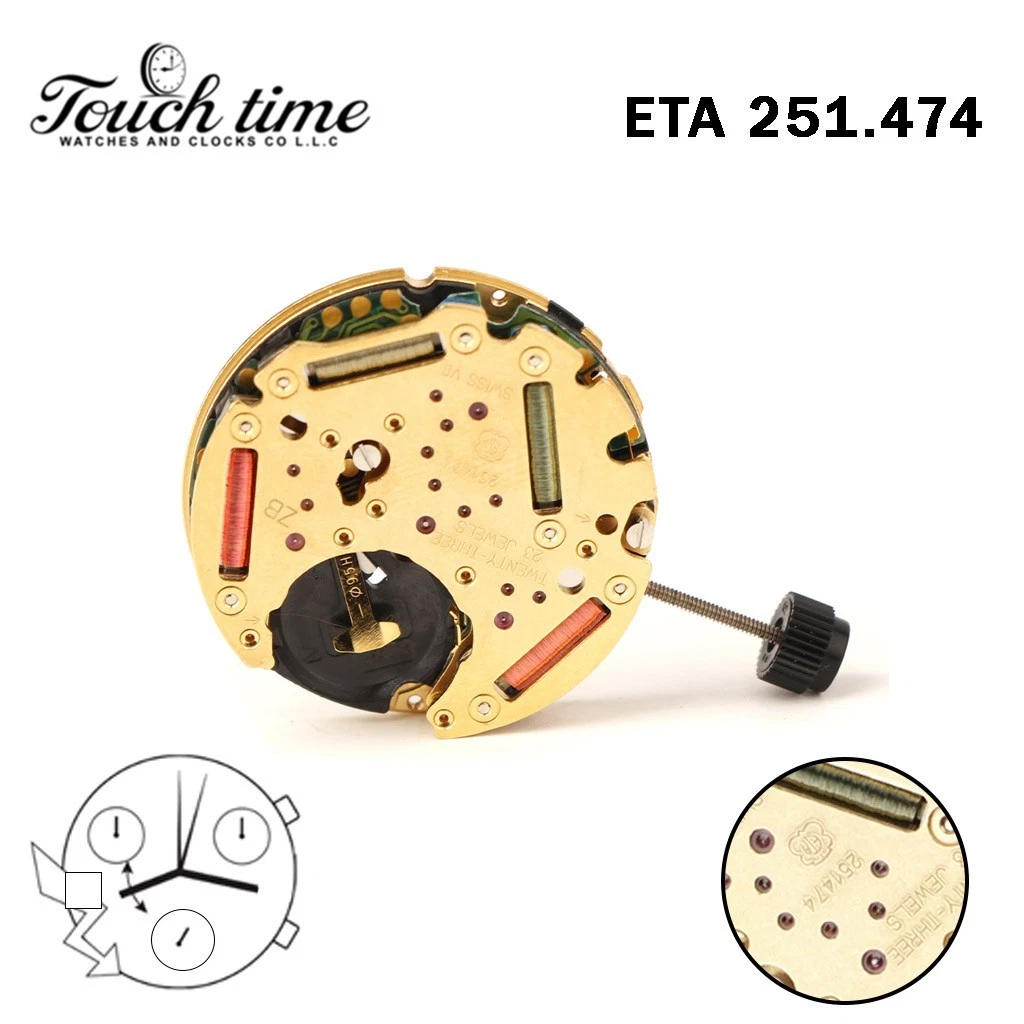 ETA 251.474 حركة سويسرية - Chronograph - أبيض قرص عند 9-3 Couner - الارتفاع: 6.58mm. thumbnail 6
