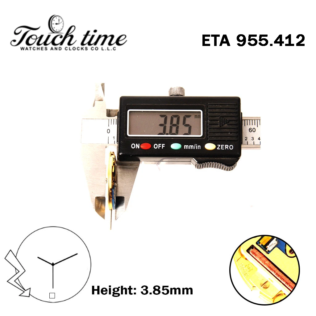ETA 955.412-Swiss Quartz Movement-H:1(3.85mm)-Black Disk At 6 -3 Hands thumbnail 3