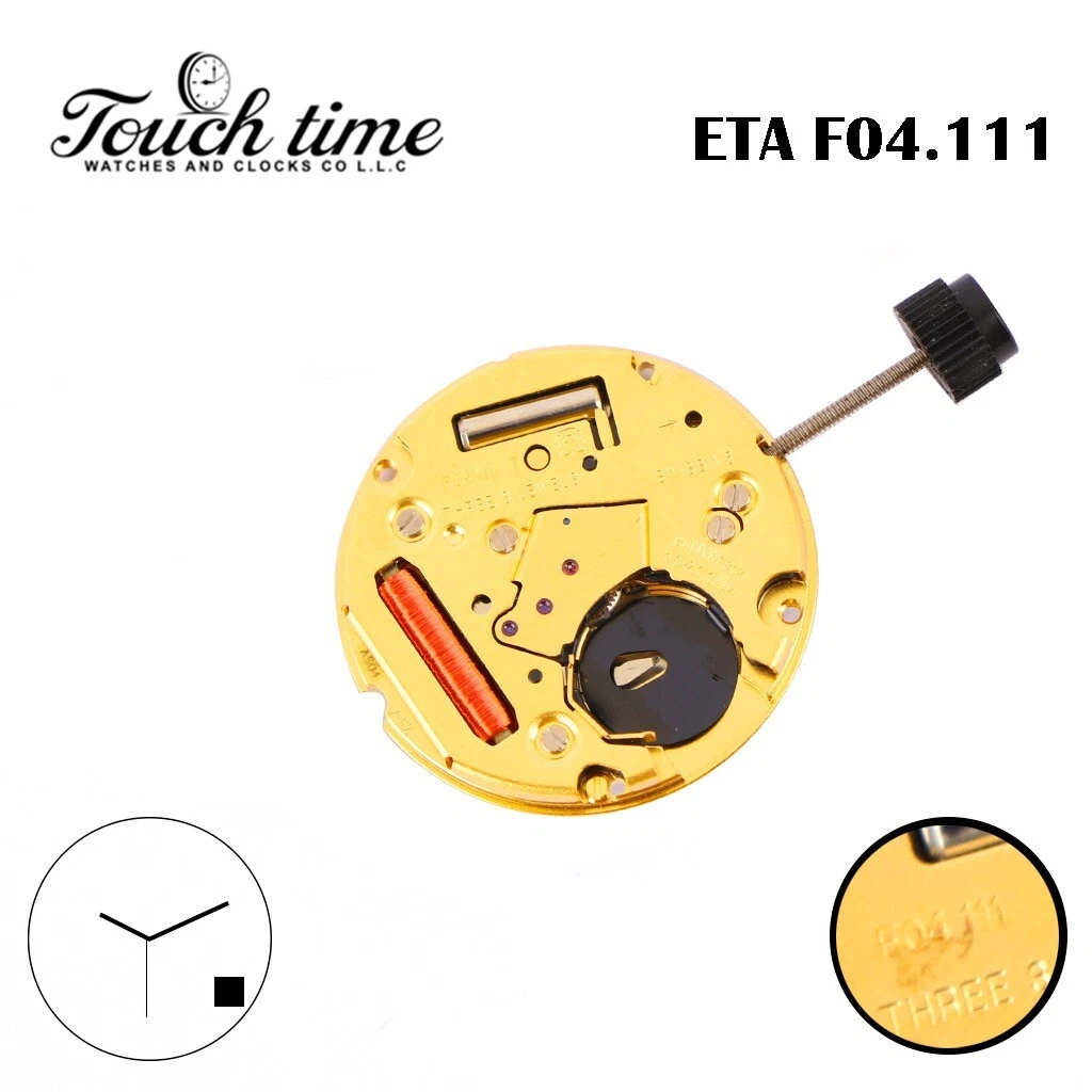 ETA F04.111 Swiss Quartz Movement, Black Date Disk at 4, Height 3, 3 Jewels.
