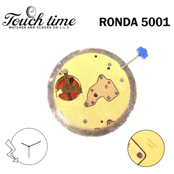 Ronda 5001 Swiss Made Watch Movement-Gold Plated- White Date Disk at 3-Used.