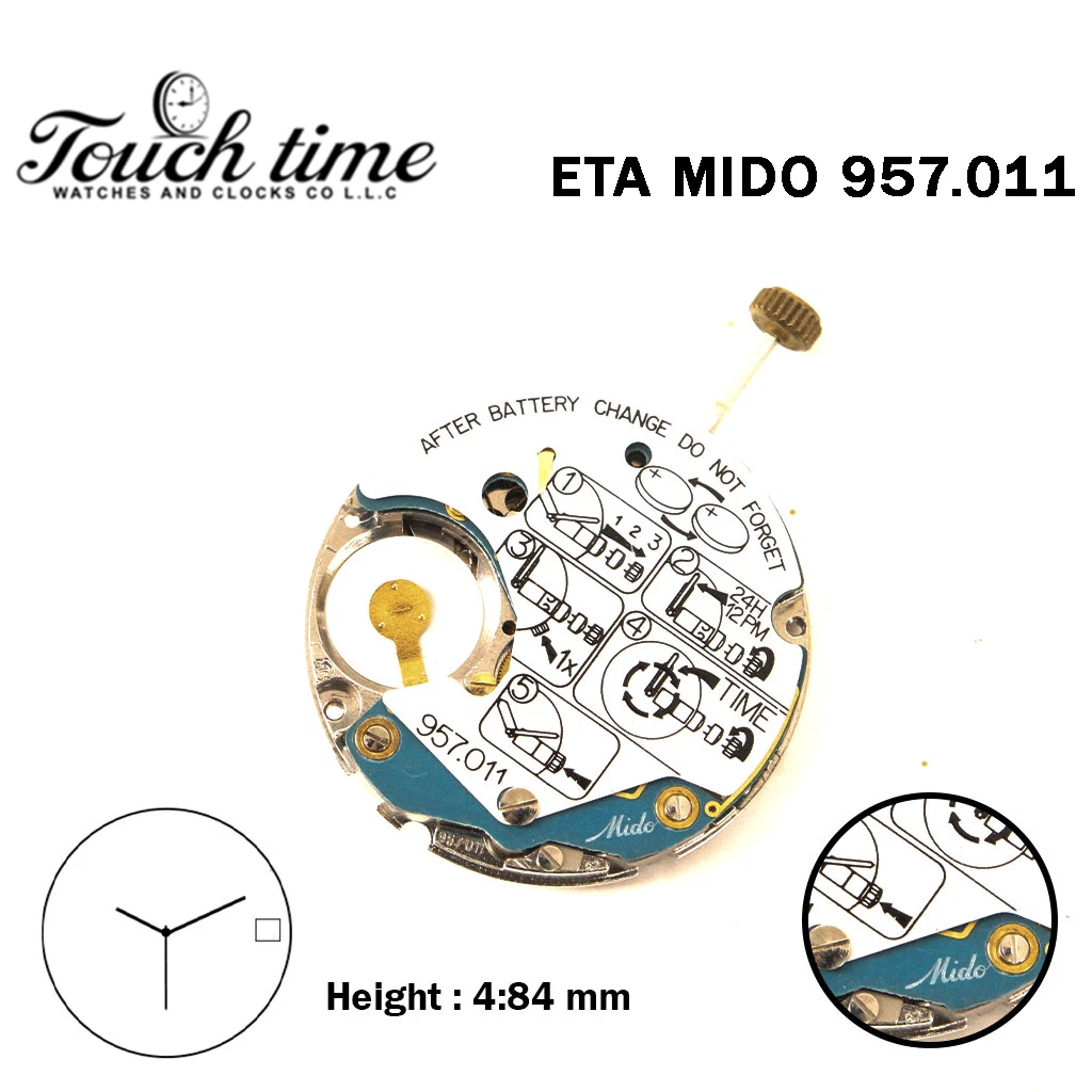 ETA 957.011-MIDO-Swiss Quartz Movement-White Date/Day Disk At 3-3 Hands-H:4.84mm