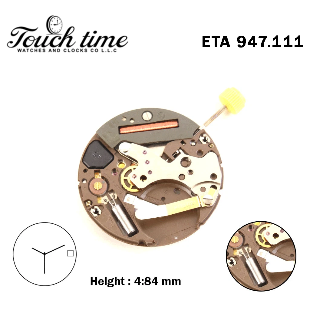 ETA 947.111-Swiss Quartz Movement-3 Hands-H:4.84mm-White Disk At 3-Silver