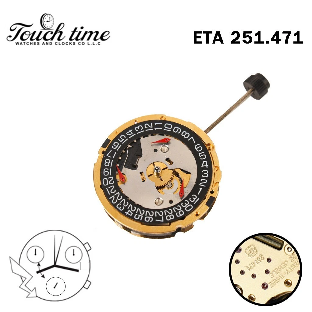 ETA 251.471 حركة سويسرية - Chronograph - أسود قرص عند 3-3 Couner - الارتفاع: 6.55mm. thumbnail 2
