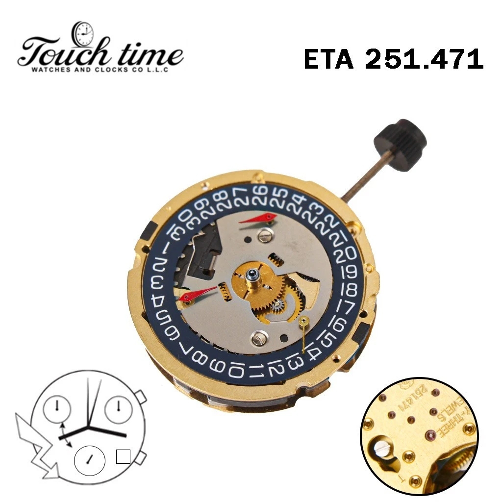 ETA 251.471 حركة سويسرية - Chronograph - أزرق قرص عند 4-3 Couner - الارتفاع: 6.88mm. thumbnail 2