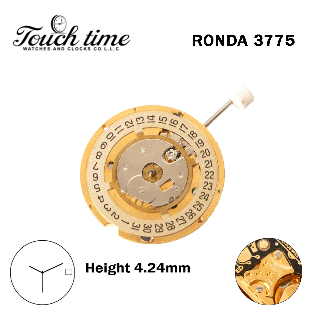RONDA 3775 Swiss Watch Movement-3 Hands-Gold Date Disk At 3-Height:4.24mm. thumbnail 2
