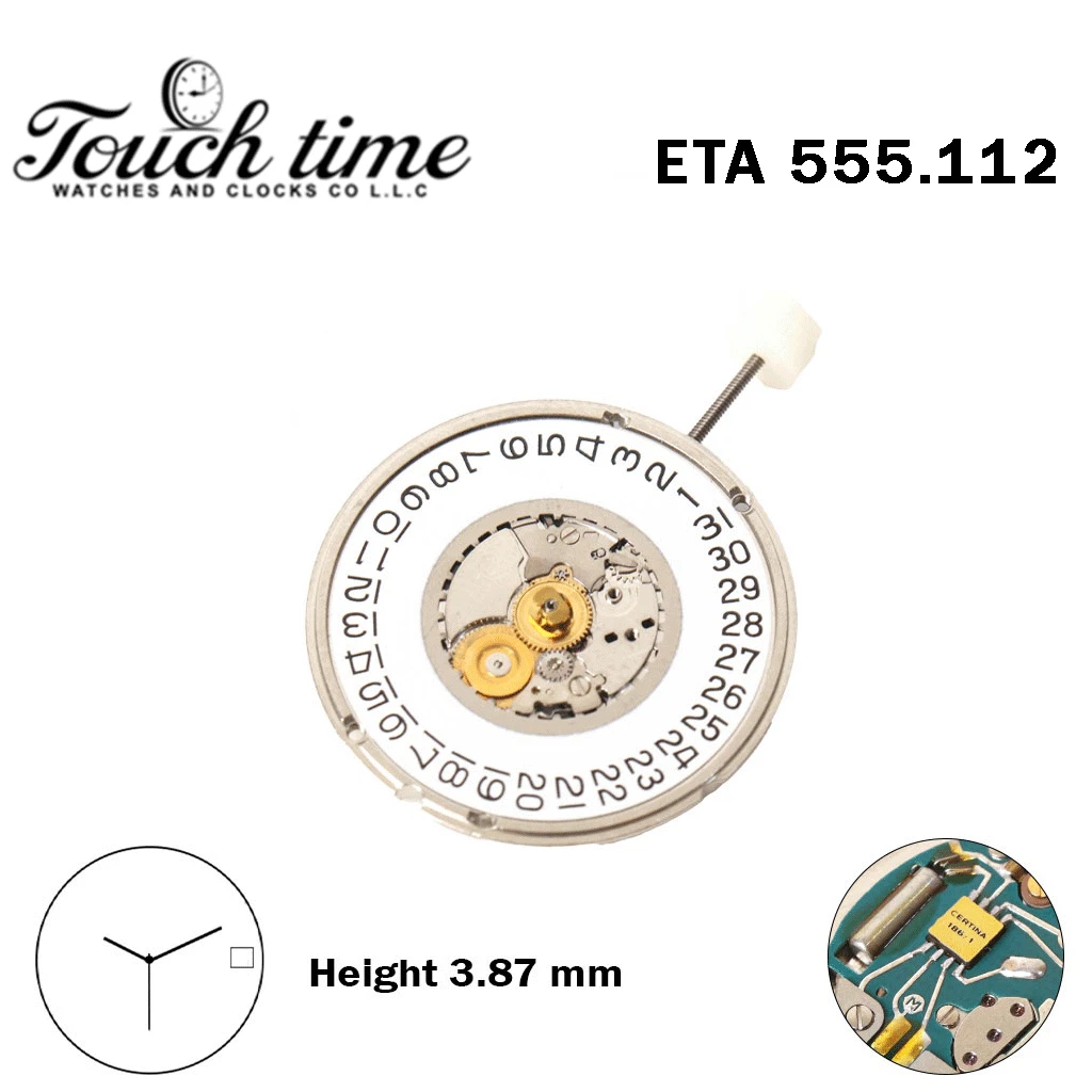 ETA 555.112 CERTINA-Swiss Made Movement-White Disk At 3 -3 Hands- H:3.87mm. thumbnail 2