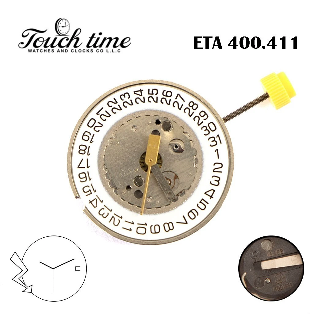 ETA 400.411 سويسري صناعة حركة كوارتز, أبيض قرص التاريخ عند 3, 3 عقارب. thumbnail 2