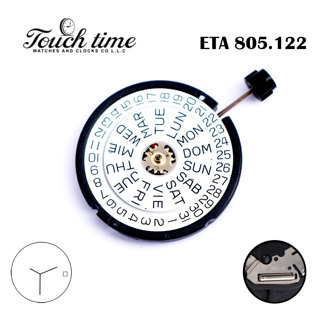 ETA 805.122 Swiss Quartz Movement, White Day/Date Disks at 3, 3 Hands. thumbnail 2