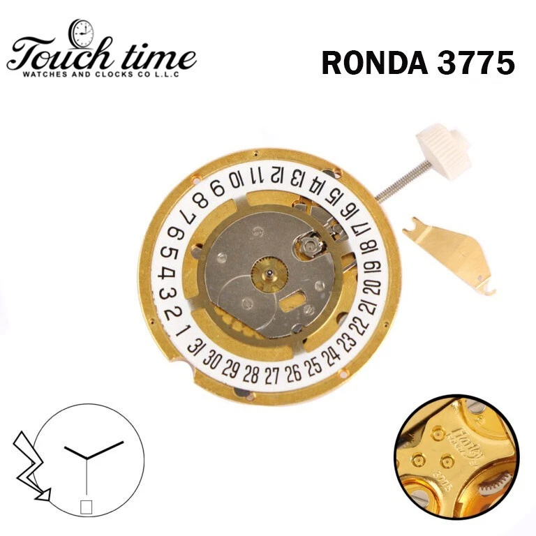 RONDA 3775 Swiss Watch Movement-3Hands-White Date Disk At 6-1 Jewels-Plated Gold thumbnail 2