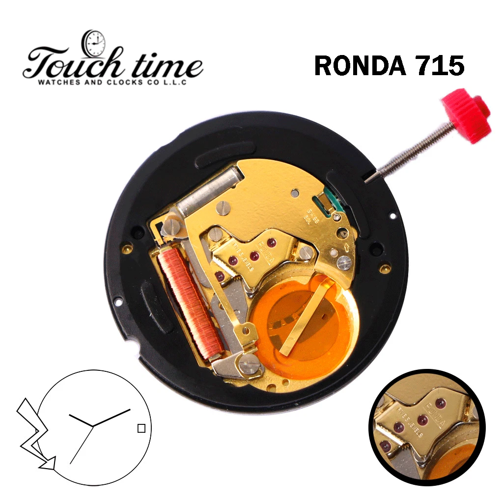 Ronda 715 Swiss Made Quartz Movement, 3 Hands, Black Date Disk at 3.