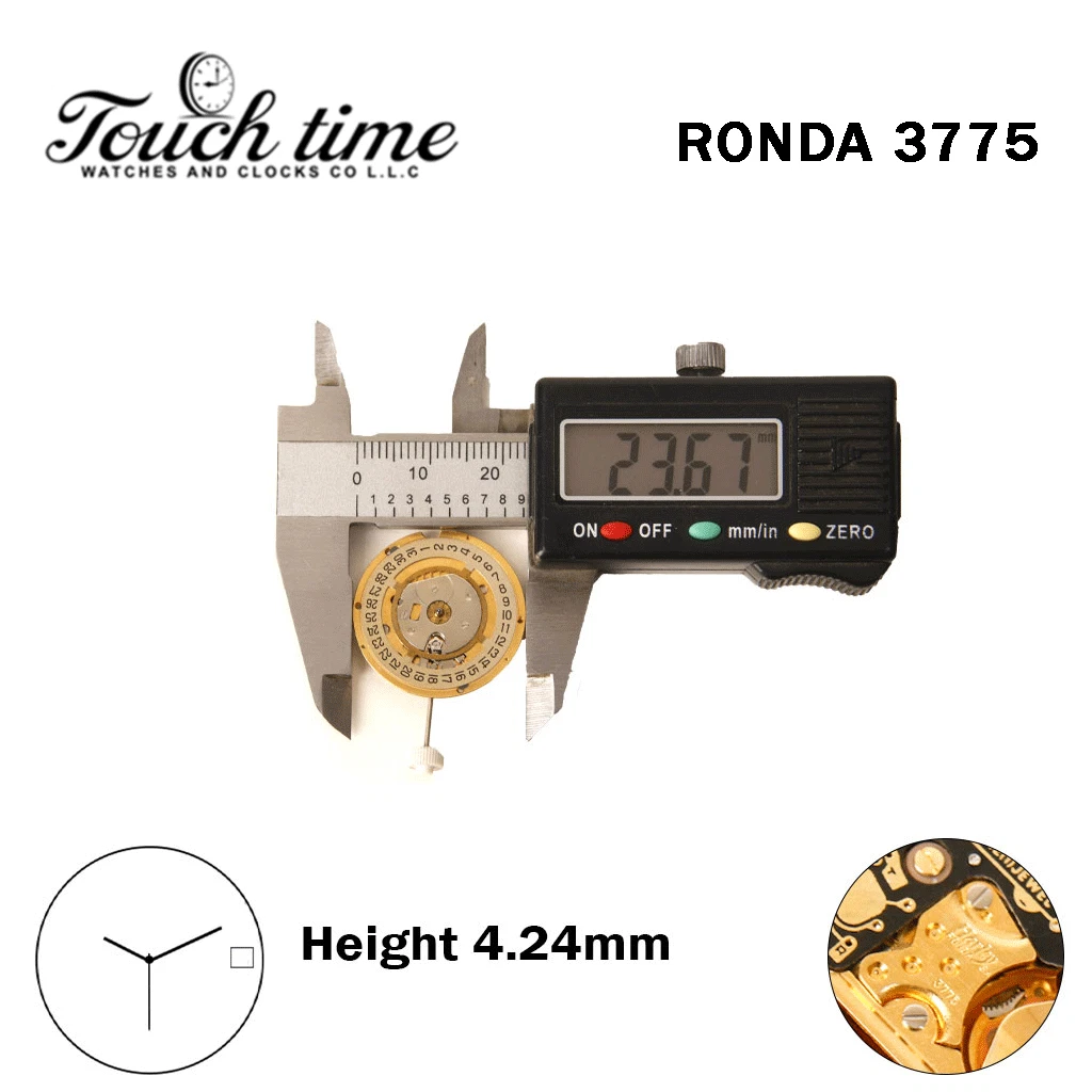 RONDA 3775 Swiss Watch Movement-3 Hands-Gold Date Disk At 3-Height:4.24mm. thumbnail 4