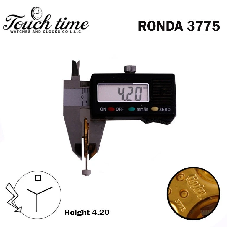 Ronda Harley 3775 Swiss Made Watch Movement-Blue Date Disk at 12-3 Hands-H:4.20-1 Jewels- plated gold. thumbnail 3