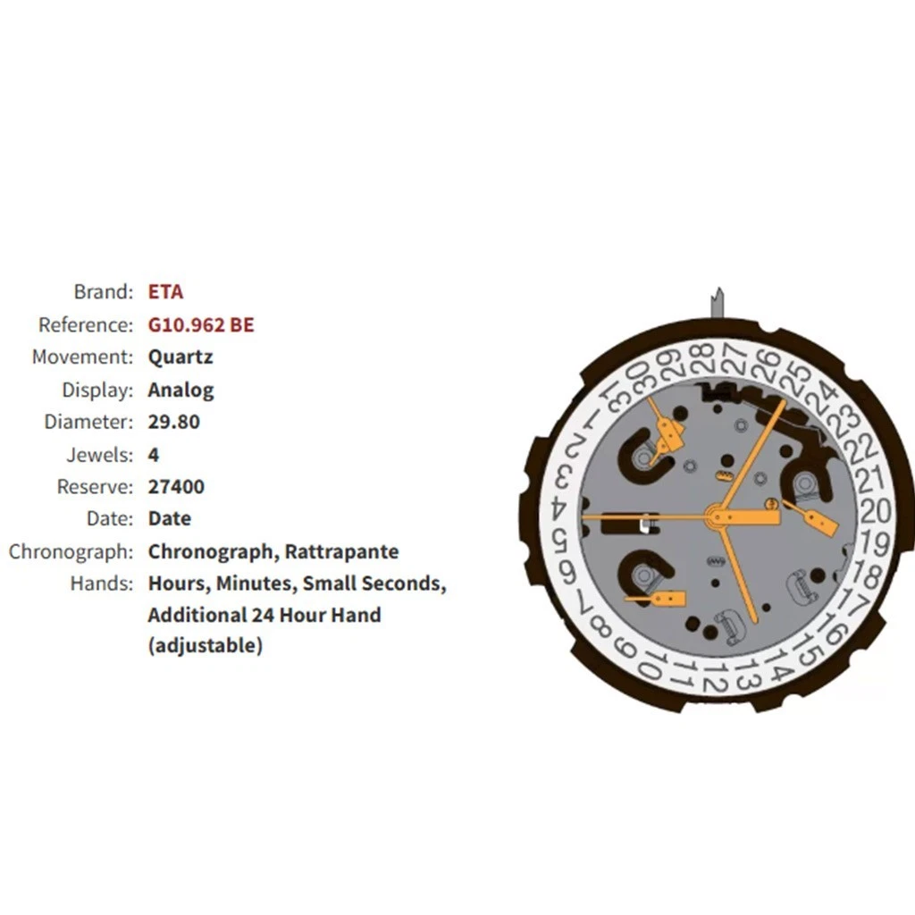 ETA G10.962 BE-Swiss Quartz Movement-White Date Disk At 4-3 Hands-Chronograph. thumbnail 3