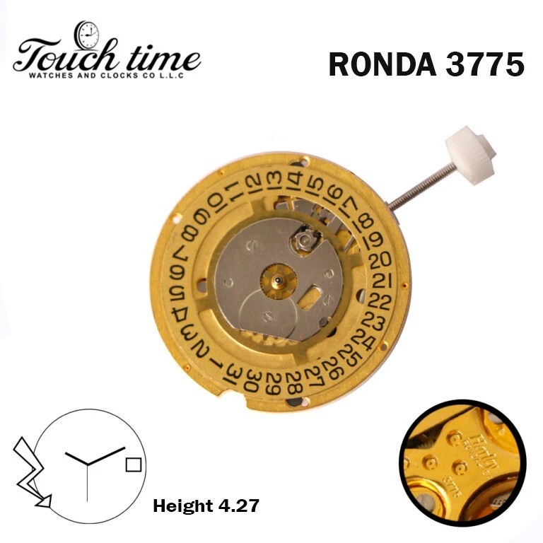 Ronda Harley 3775 Swiss Watch Movement-3 Hands- Gold Date Disk at 3-H:4.27mm-Plated Gold- One Jewels. thumbnail 2