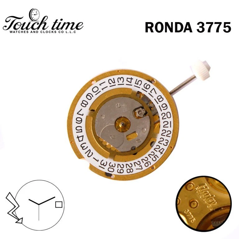 Ronda Harley 3775 Swiss Watch Movement-White Date Disk at 3-1 Jewels-Gold Color. thumbnail 2