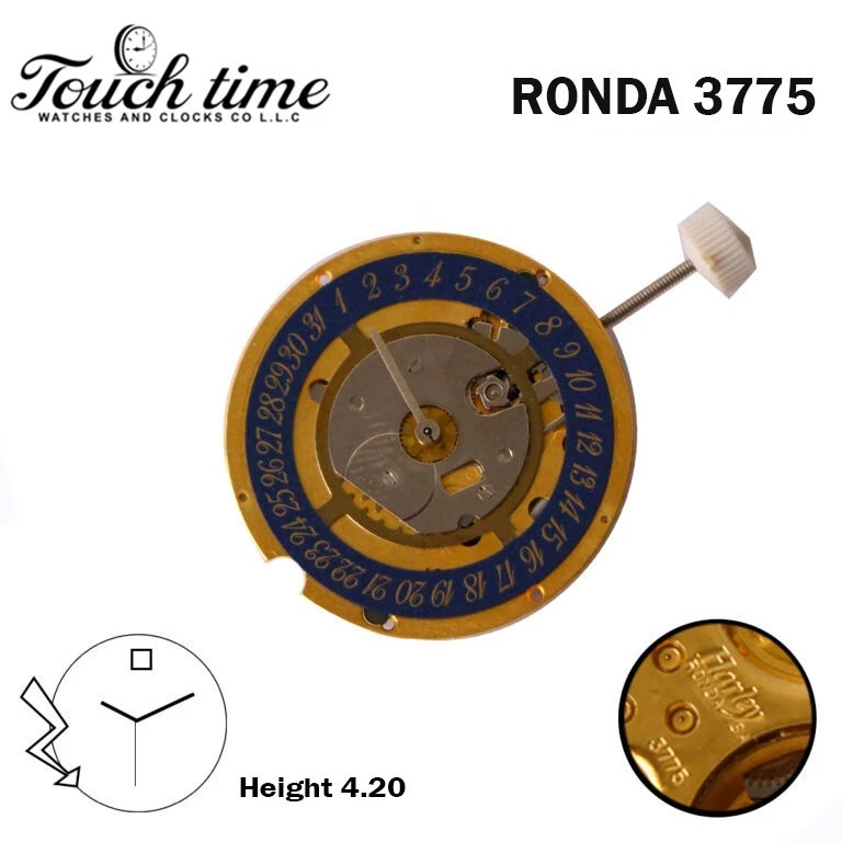 Ronda Harley 3775 Swiss Made Watch Movement-Blue Date Disk at 12-3 Hands-H:4.20-1 Jewels- plated gold. thumbnail 2