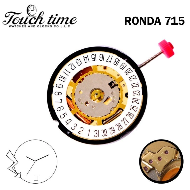 Ronda 715 Swiss Quartz Movement-H:3.70mm-White Date Disk at 6-3 Hands-5 Jewels. thumbnail 2