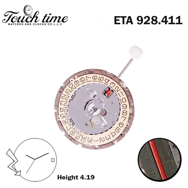 ETA 928.411 Swiss Quartz Movement-3 Hands-Gold Date Disk At 3-Without Hour Wheel-Height:4.19mm. thumbnail 4