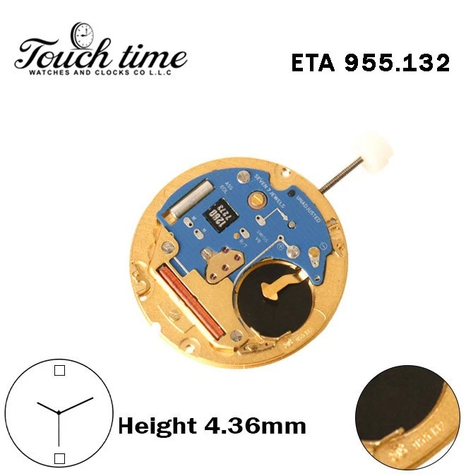 ETA 955.132-Swiss Quartz Movement-H:4.36mm-White Day/Date Disk At 12-3 Hands