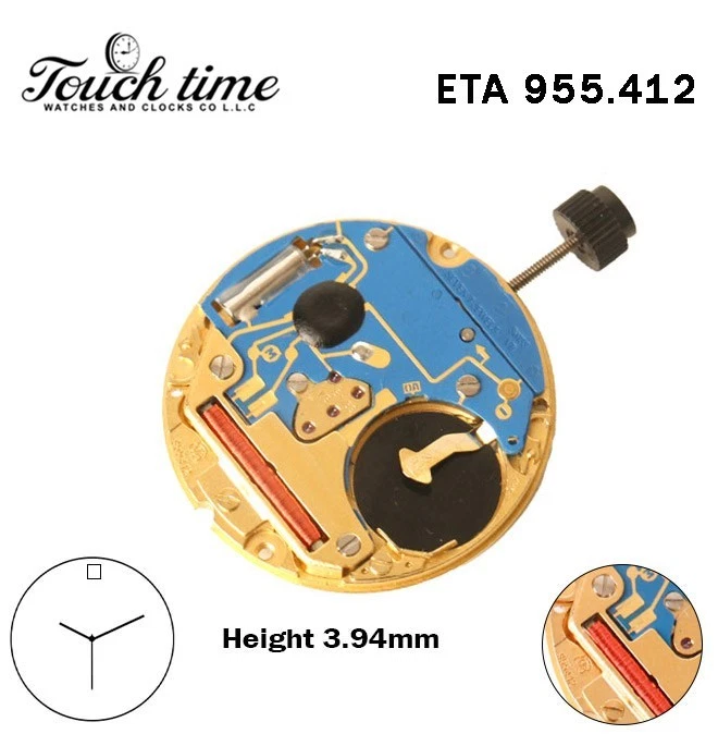 ETA 955.412-Quartz Movement-Height:3.94mm-White Date Disk At 12-3 Hands