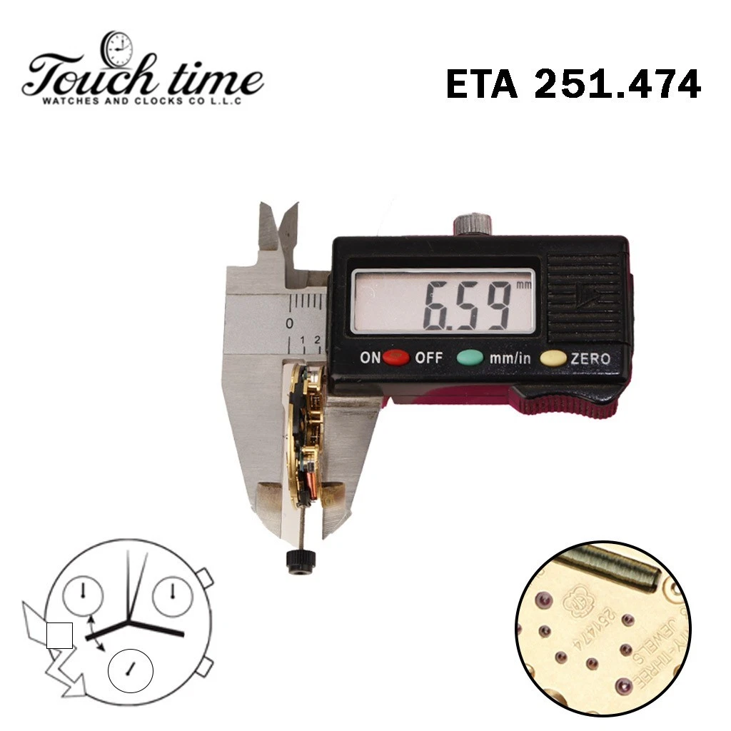 ETA 251.474 حركة سويسرية - Chronograph - أبيض قرص عند 9-3 Couner - الارتفاع: 6.58mm. thumbnail 3