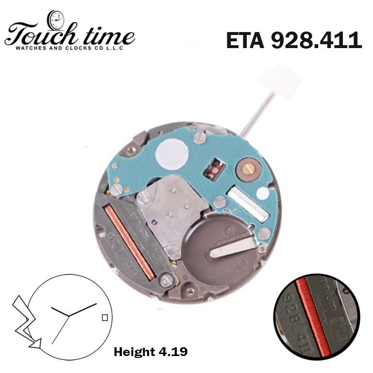 ETA 928.411 Swiss Quartz Movement-3 Hands-Gold Date Disk At 3-Without Hour Wheel-Height:4.19mm.