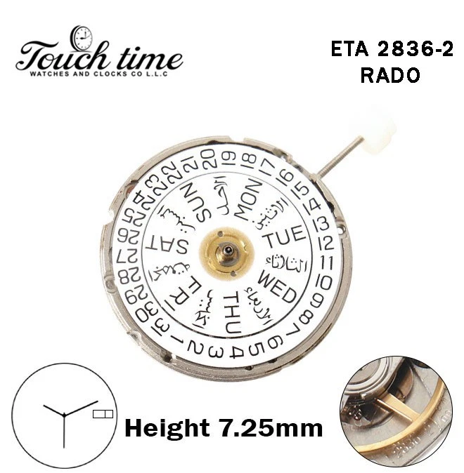 ETA 2836-2-RADO-Swiss Movement-White AR/EN Day/Date Disk At 3-H:7.25mm-3 Hands thumbnail 2