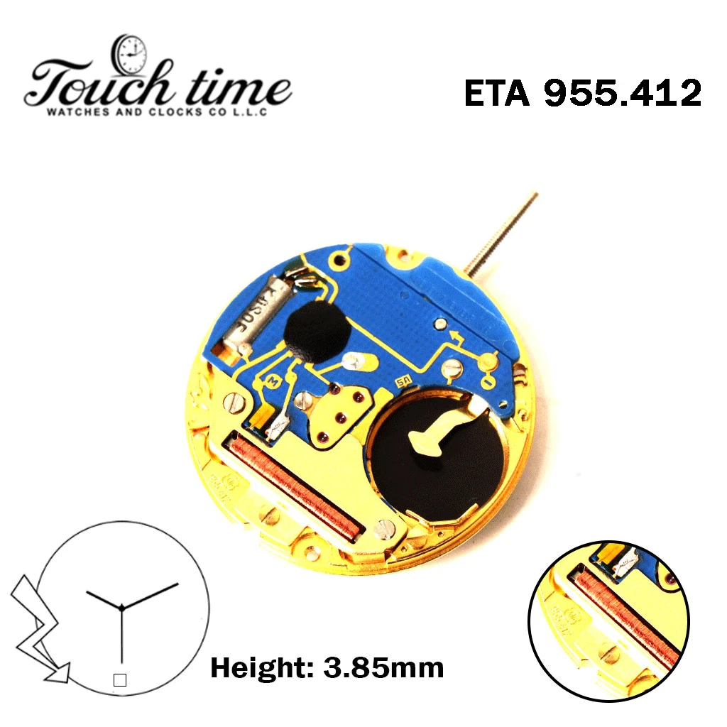 ETA 955.412-Swiss Quartz Movement-H:1(3.85mm)-Black Disk At 6 -3 Hands