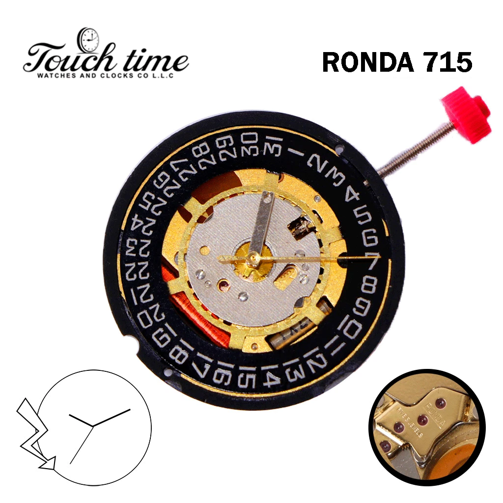 Ronda 715 سويسري صناعة حركة كوارتز, 3 عقارب, أسود قرص التاريخ عند 3. thumbnail 2