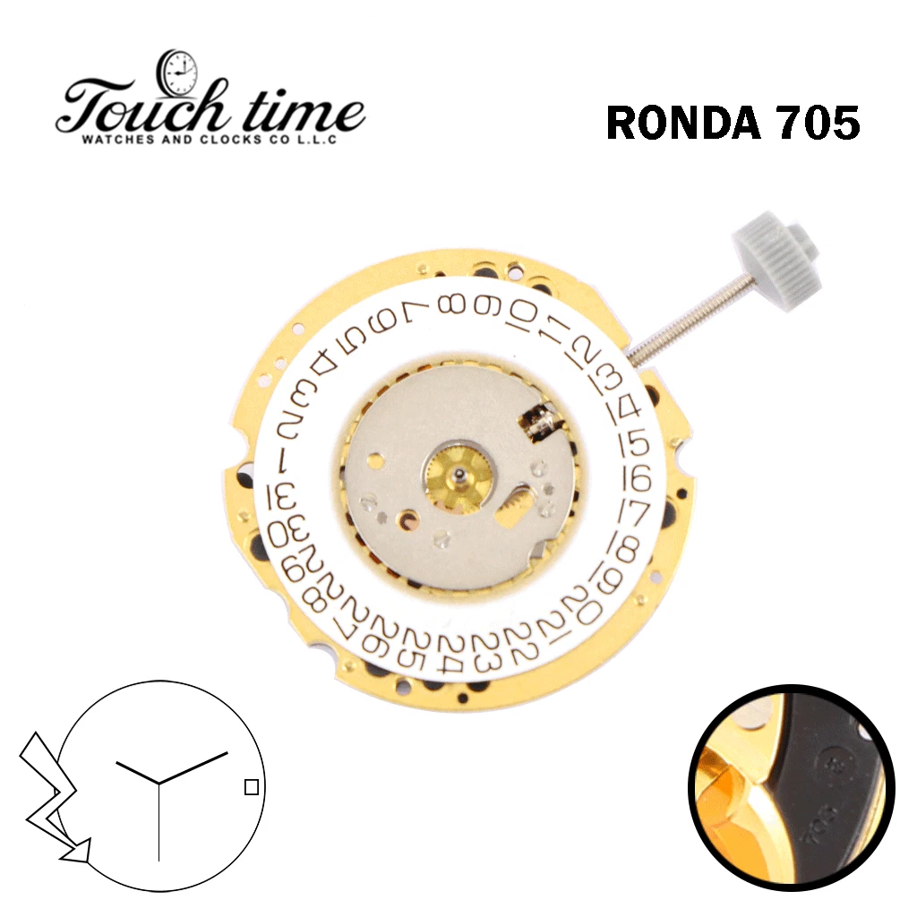 Ronda 705 Swiss Quartz Movement, 3Hands, White Date Disk at 3. thumbnail 2