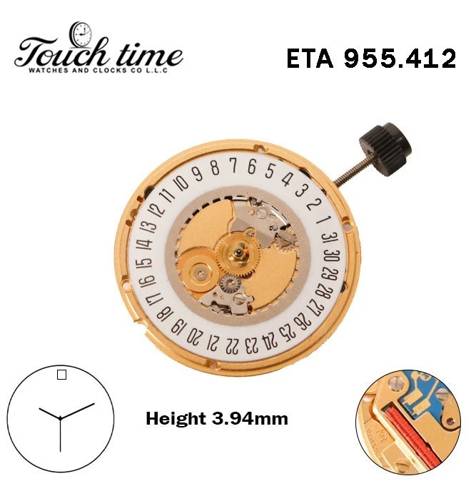 ETA 955.412-Quartz Movement-Height:3.94mm-White Date Disk At 12-3 Hands thumbnail 2