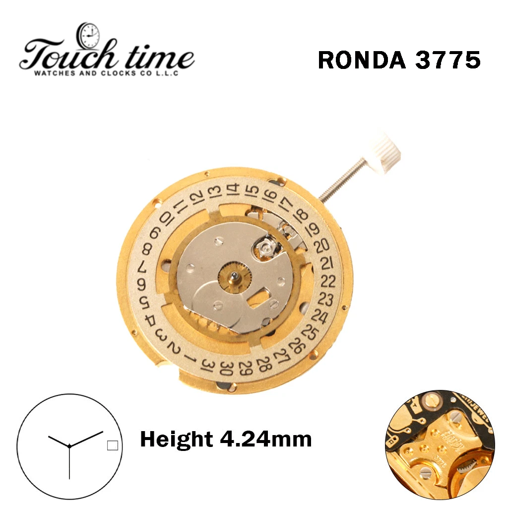RONDA 3775 - Harley - سويسري ساعة حركة - 3 عقارب - ذهبي قرص عند 3 - الارتفاع: 4.24mm. thumbnail 2
